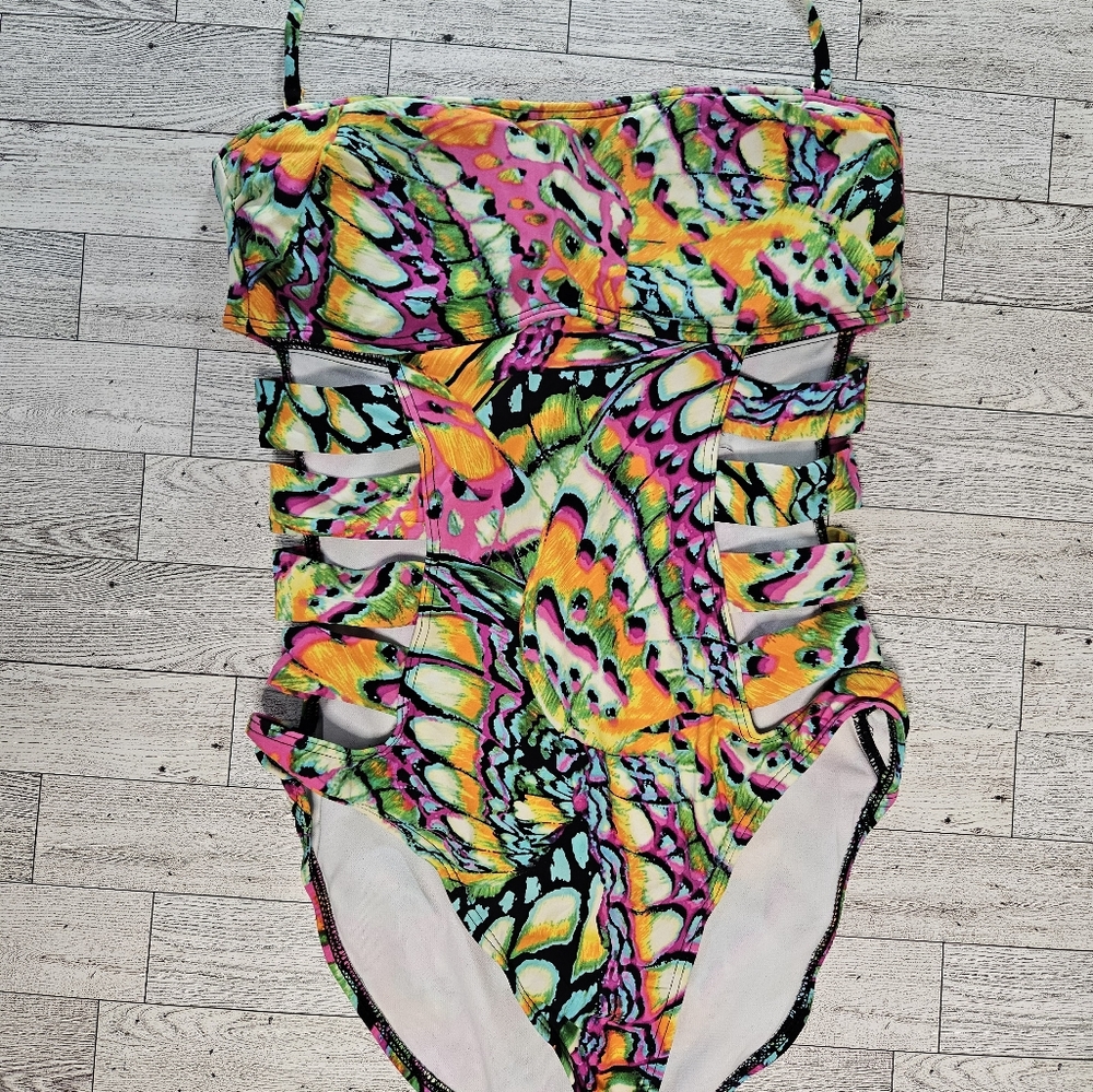 Anne Cole Halter One-Piece Swimsuit Medium Multicolor Tye Dye Open Strappy Sides